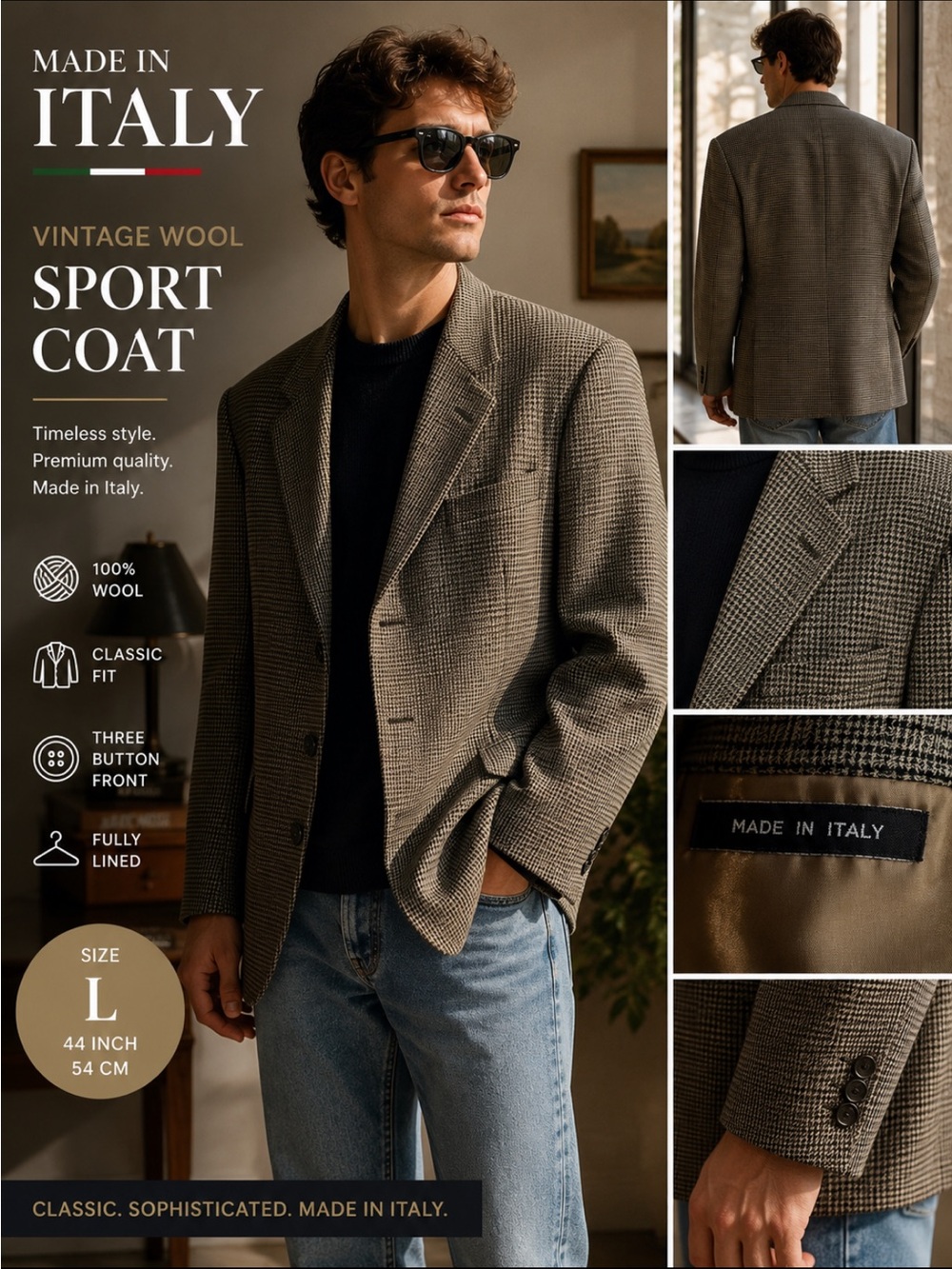 Made in Italy Vintage Wool Houndstooth Sport Coat — Brown